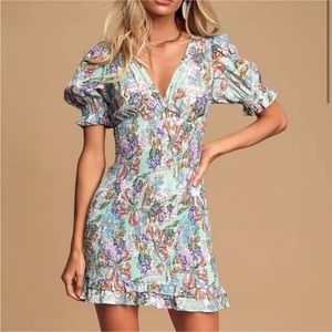 Lulu's Glam Garden Party Mint Blue Floral Print Smocked Bodycon Dress